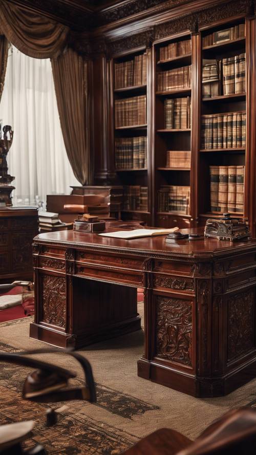 An intricately carved, mahogany leather desk in a lawyer's private office library.