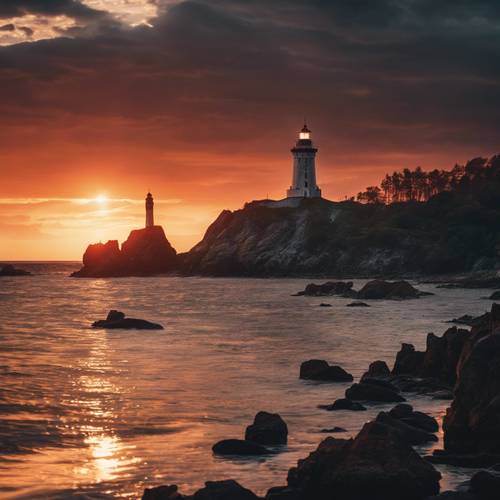 Un coucher de soleil enflammé créant la silhouette d&#39;un puissant phare sur la côte rocheuse.