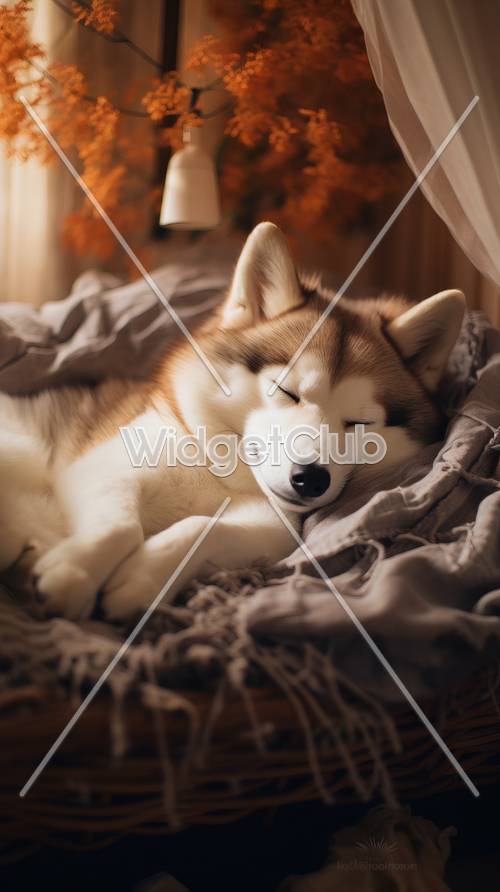 Acogedor Husky durmiendo en luz de otoño
