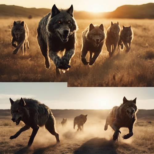Panoramic view of a werewolf pack running in the wild plains under the setting sun