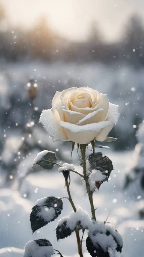 A white rose growing solitarily in a snow-kissed winter landscape.