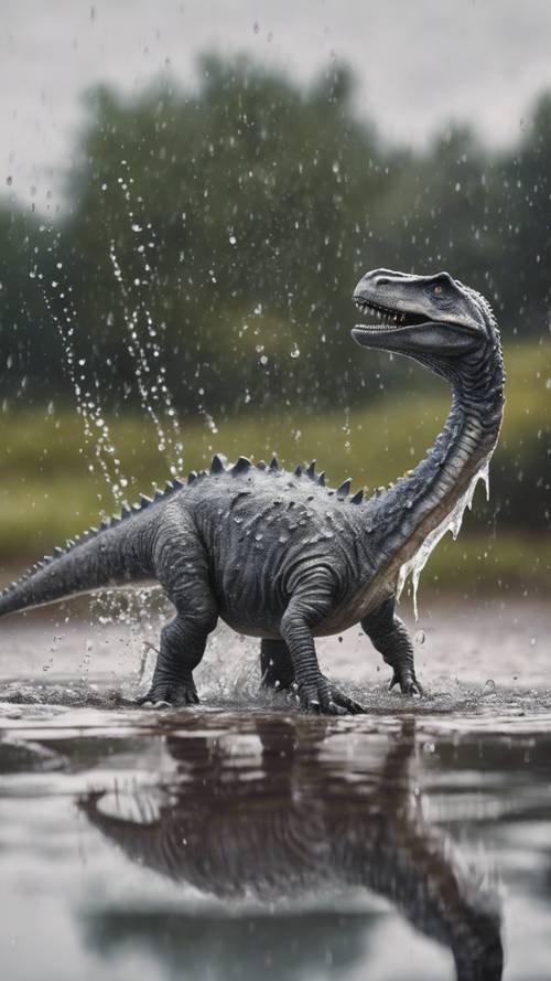 Ликующее изображение серого динозавра, плещущегося в луже дождя.
