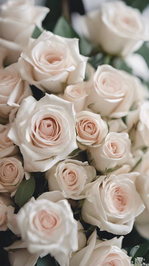 Rosas brancas com detalhes em blush para um buquê de noiva deslumbrante.