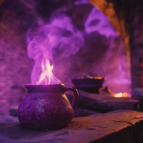 A close-up shot of purple fire glowing and flickering in a potter's kiln.