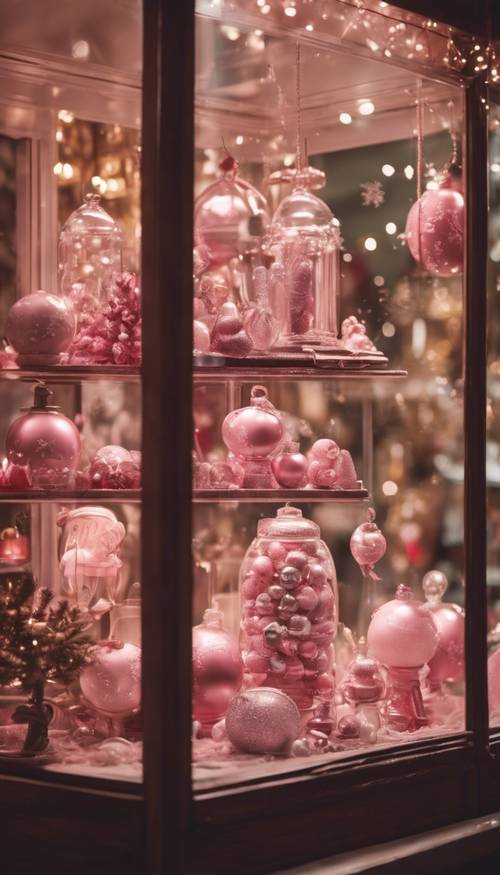 Uma vitrine de loja de antiguidades exibindo charmosos apetrechos de Natal cor-de-rosa.