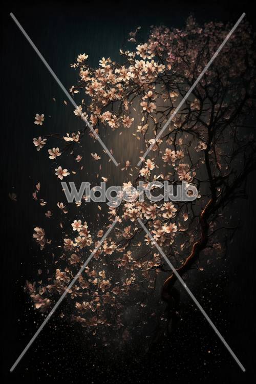 Flores de cerejeira flutuando ao luar