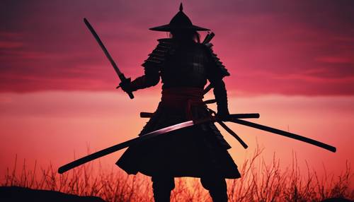 Samurai in schwarzer Rüstung, eine Silhouette vor einem blutroten Sonnenuntergang, sein Katana glänzt.