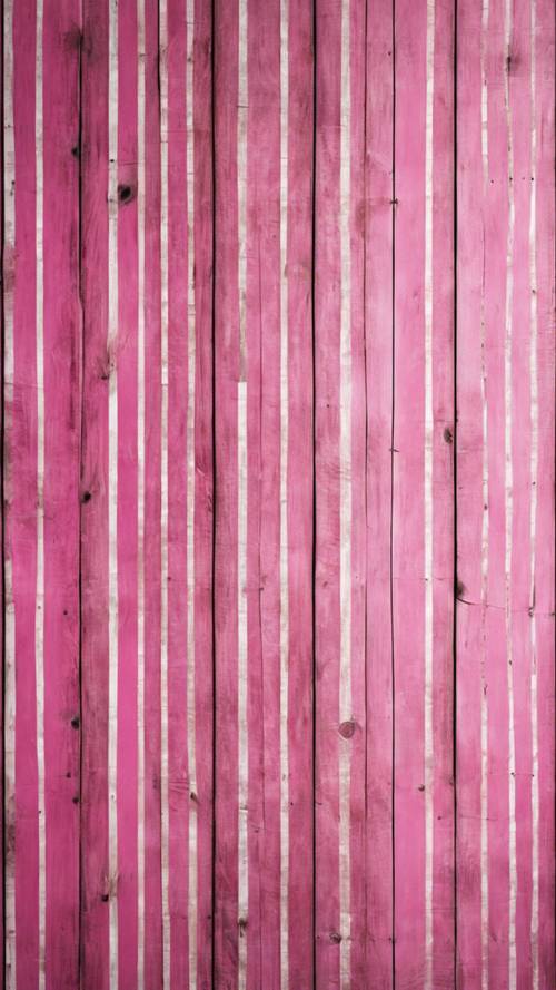 Listras rosa e brancas pintadas em uma parede de madeira vintage.