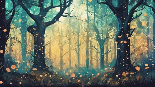 Uma ilustração de conto de fadas de uma floresta vibrante e caprichosa, com as copas das árvores formando uma silhueta de Sagitário.