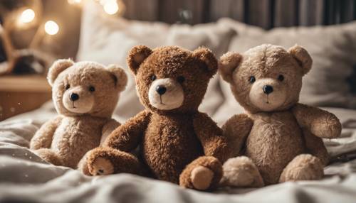 Três ursinhos fofinhos sentados na cama de uma criança arrumada.