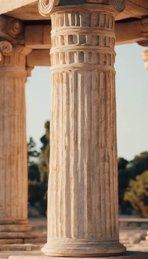 Eine Nahaufnahme einer perfekten ionischen Säule in einem antiken griechischen Tempel, beleuchtet von der untergehenden Sonne.