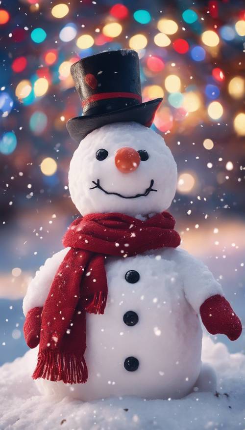 A cheerful snowman dressed in a red scarf and a black top-hat, surrounded by snowfall and colorful Christmas lights on a winter evening.