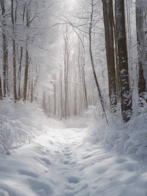 Una escena de bosque sereno con una cita blanca inmaculadamente grabada en un camino cubierto de nieve.