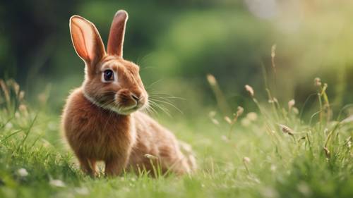 Ein rotes Kaninchen jagt verspielt seinen Schwanz auf einer üppigen, grünen Wiese, die in sanftes Tageslicht getaucht ist.