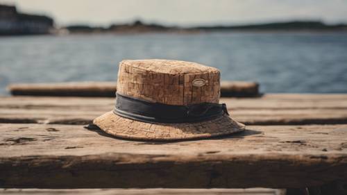 An old cork fisherman's hat left on a wooden dock by the sea.