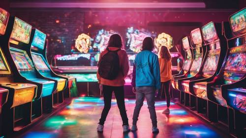 Sala de juegos retro llena de adolescentes del año 2000 jugando Dance Dance Revolution en una colorida plataforma de baile iluminada