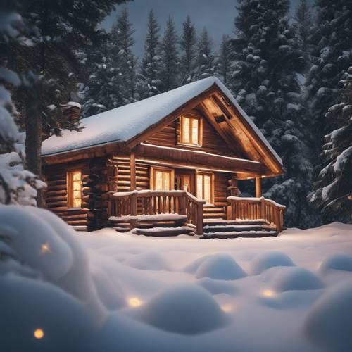 An authentic log cabin, lit up with warm lights and covered in a blanket of snow, with a decorated pine tree nearby. Tapeta na zeď [53c0815f5fc24c6dbb35]