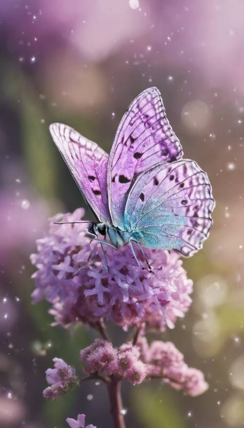 Uma borboleta lilás vibrante empoleirada em uma flor, asas salpicadas de purpurina.