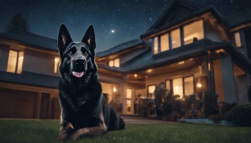 Seekor anjing Gembala Jerman hitam menjaga rumah keluarga di bawah langit malam