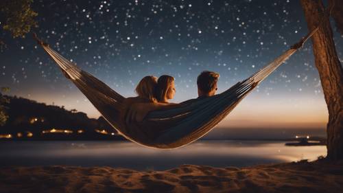 Um casal confortavelmente aninhado em uma rede sob um céu estrelado, uma sensação de paz e tranquilidade ao redor deles