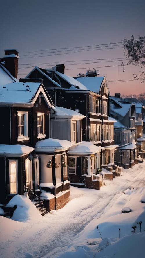 Śnieżny wieczór bożonarodzeniowy w małym miasteczku z czarnymi domami rzucającymi się w oczy na tle białego śniegu.