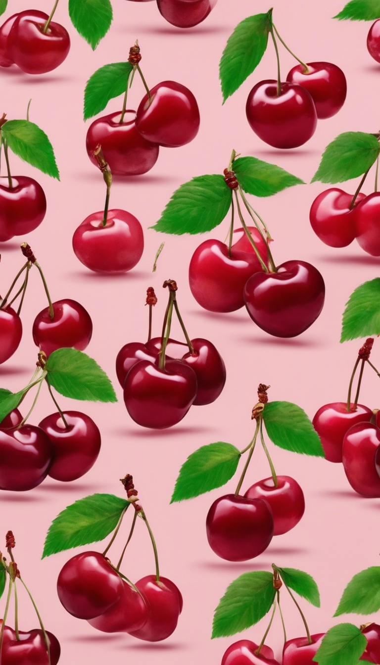 A seamless pattern of cherries with a glossy red color and green stems, spread randomly on a pastel pink background. Wallpaper[18f9c1a61aeb44f6ab0f]