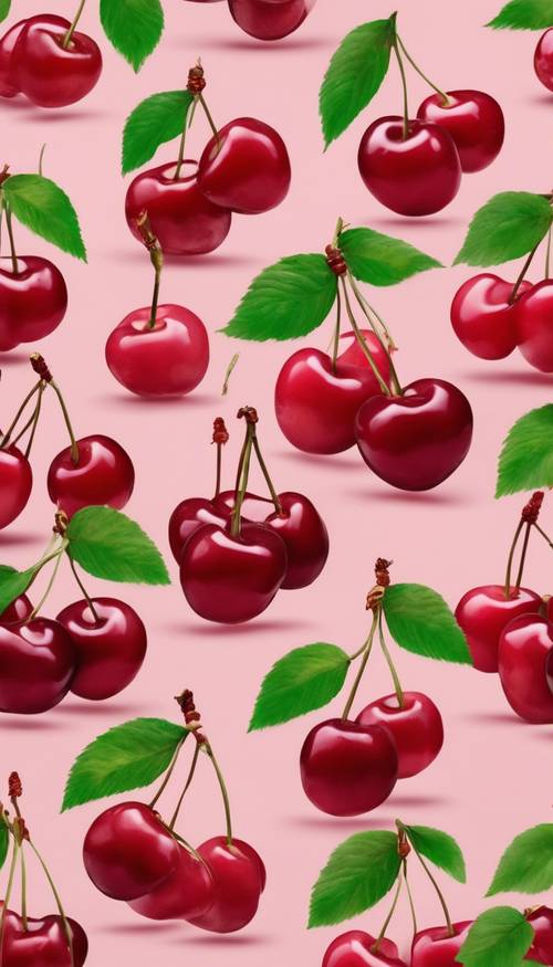 Um padrão perfeito de cerejas com uma cor vermelha brilhante e hastes verdes, espalhadas aleatoriamente sobre um fundo rosa pastel.