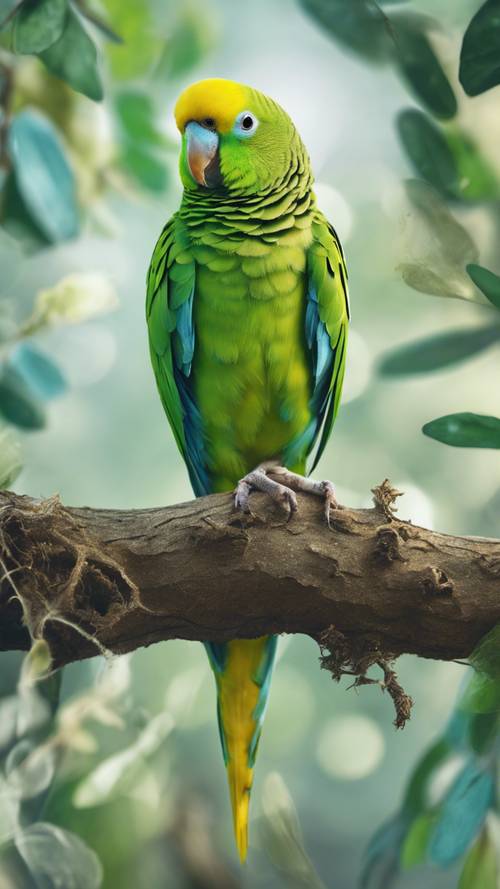 Очаровательный попугай с яркими зелеными и желтыми перьями сидит на ветке.