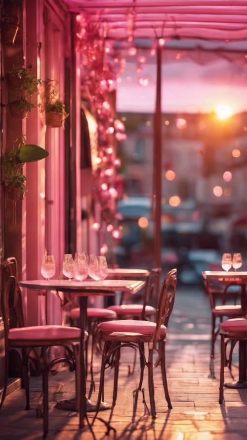 Pemandangan kafe saat matahari terbenam, dipenuhi cahaya merah jambu dan oranye.