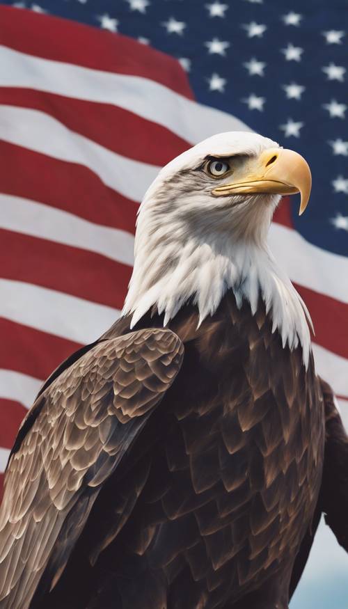 Uma águia careca voando contra uma bandeira americana balançando na brisa.