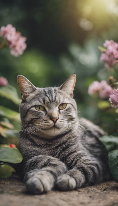 Yemyeşil bir bahçede şekerlemenin tadını çıkaran yaşlı, gri çizgili bir kedi.