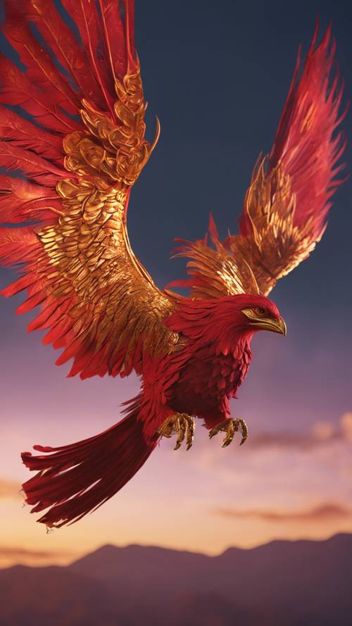Un fénix rojo y dorado volando alto en un cielo crepuscular