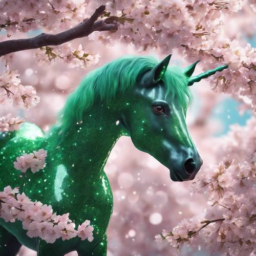 Yeşil parıltılı bir tek boynuzlu at, arka planda kiraz çiçeklerinin önünde parıltılı bir tayı nazikçe okşuyor.
