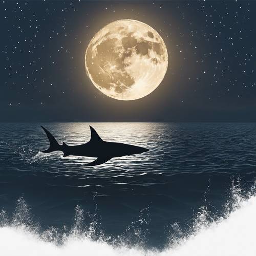 Sylwetka ogromnego rekina młota leniwie unoszącego się w pobliżu powierzchni oceanu w księżycową noc.