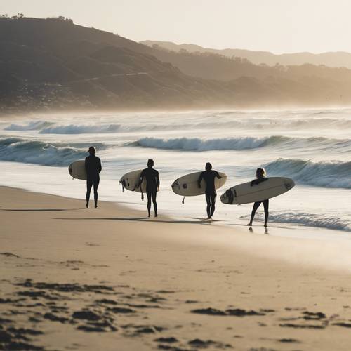 A group of surfers catching waves at Zuma Beach in Malibu, near Los Angeles.