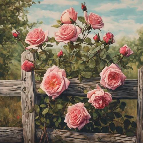 Une peinture représentant une grappe de roses ornant une clôture de campagne rustique.