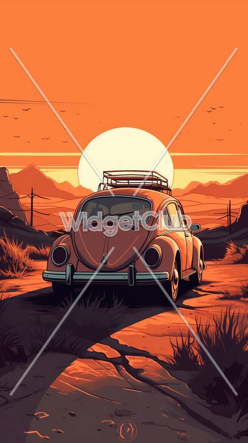 Sonnenuntergangsfahrt mit einem orangefarbenen Auto