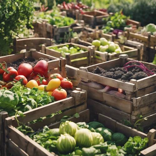 A vegetable garden, with a variety of rustic crates filled with vibrant produce.