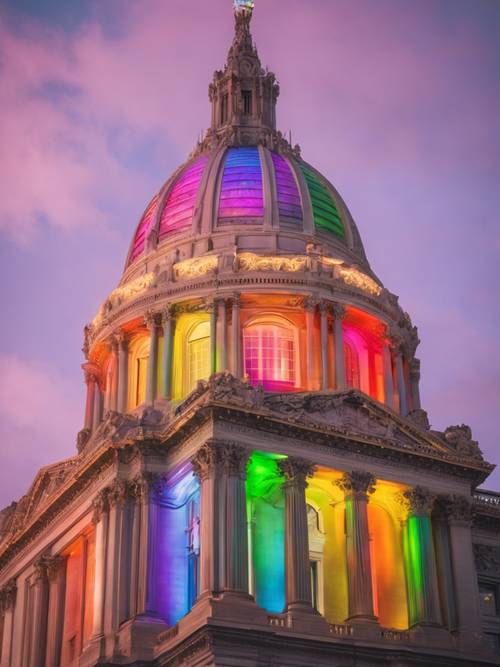 Ratusz w San Francisco oświetlony tęczowymi kolorami z okazji Miesiąca Dumy.