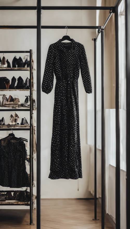 Czarna sukienka w kropki wisząca w ciągu dnia na metalowym wieszaku w butiku