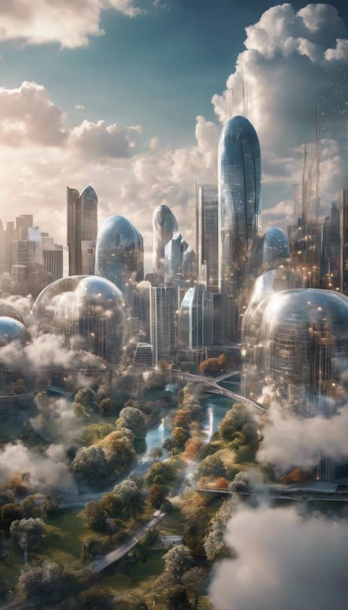 Eine magische Stadtlandschaft, die über den Wolken schwebt, mit einem Netzwerk aus Kristallbrücken, die die hoch aufragenden Wolkenkratzer miteinander verbinden.