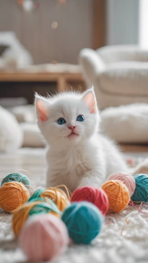 Rahat bir evin içinde renkli iplik toplarıyla oynayan çeşitli cins beyaz kedi yavrularından oluşan bir grup.