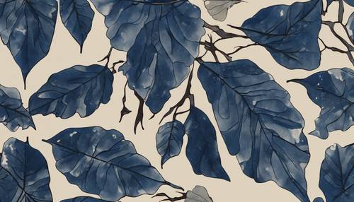 빈티지 일본식 기모노에 흘러내리는 진한 파란색 나뭇잎 패턴입니다.