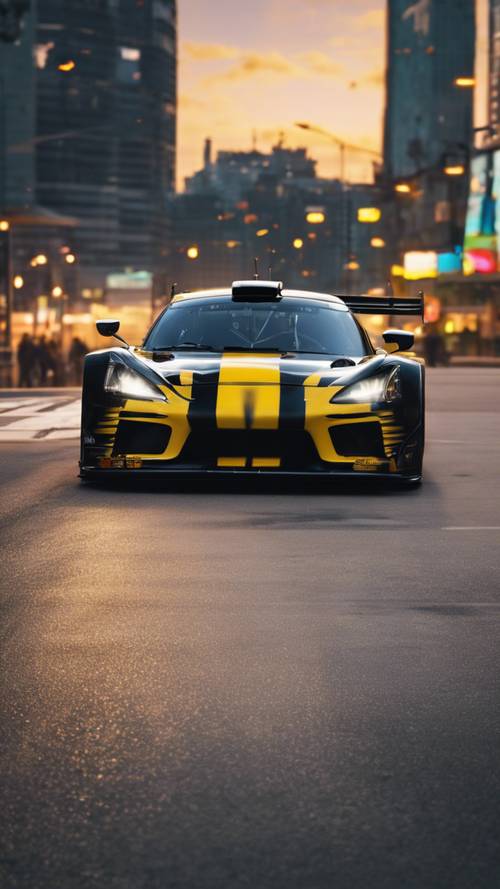 מכונית מירוץ משובצת בשחור וצהוב דוהרת בנוף עירוני תוסס בשעת בין ערביים.