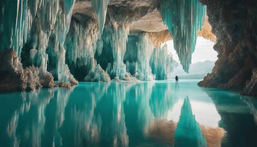 光る洞窟で一人のハイカーが不思議な結晶を見る | 青い水面から突き上げる輝く石筍