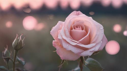 Une rose rose pâle esthétique dans une prairie sous la lumière des étoiles, fragile et éthérée.