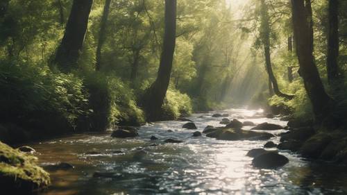 A river running through a tranquil forest, the dappled sunlight reflecting an uplifting quote. Tapet [4774244803334c0882a2]