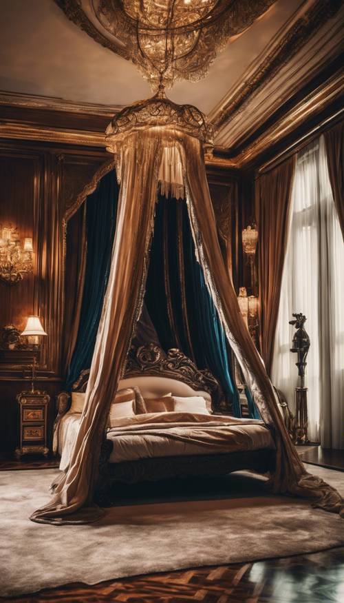 호화로운 벨벳으로 장식된 킹 사이즈 캐노피 침대를 갖춘 호화로운 왕실 침실입니다.