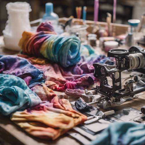 Un atelier de tie-dye avec diverses teintures, gants et paquets de tissus.
