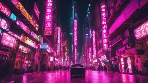 A wide-angle image of a bustling city illuminated by fuchsia neon lights at night.
